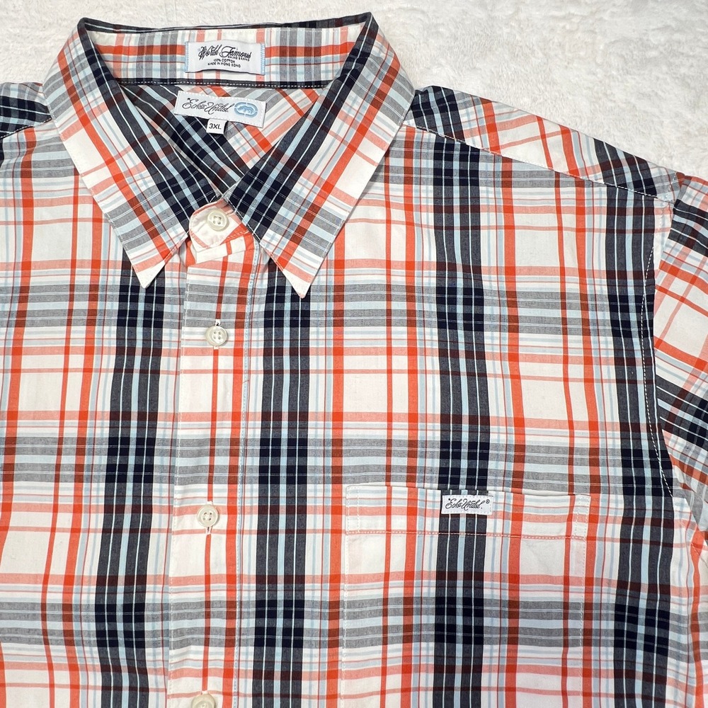 Ecko Unltd Y2K Button Up Shirt Mens 3XL Orange Black Plaid Short Sleeve Cotton